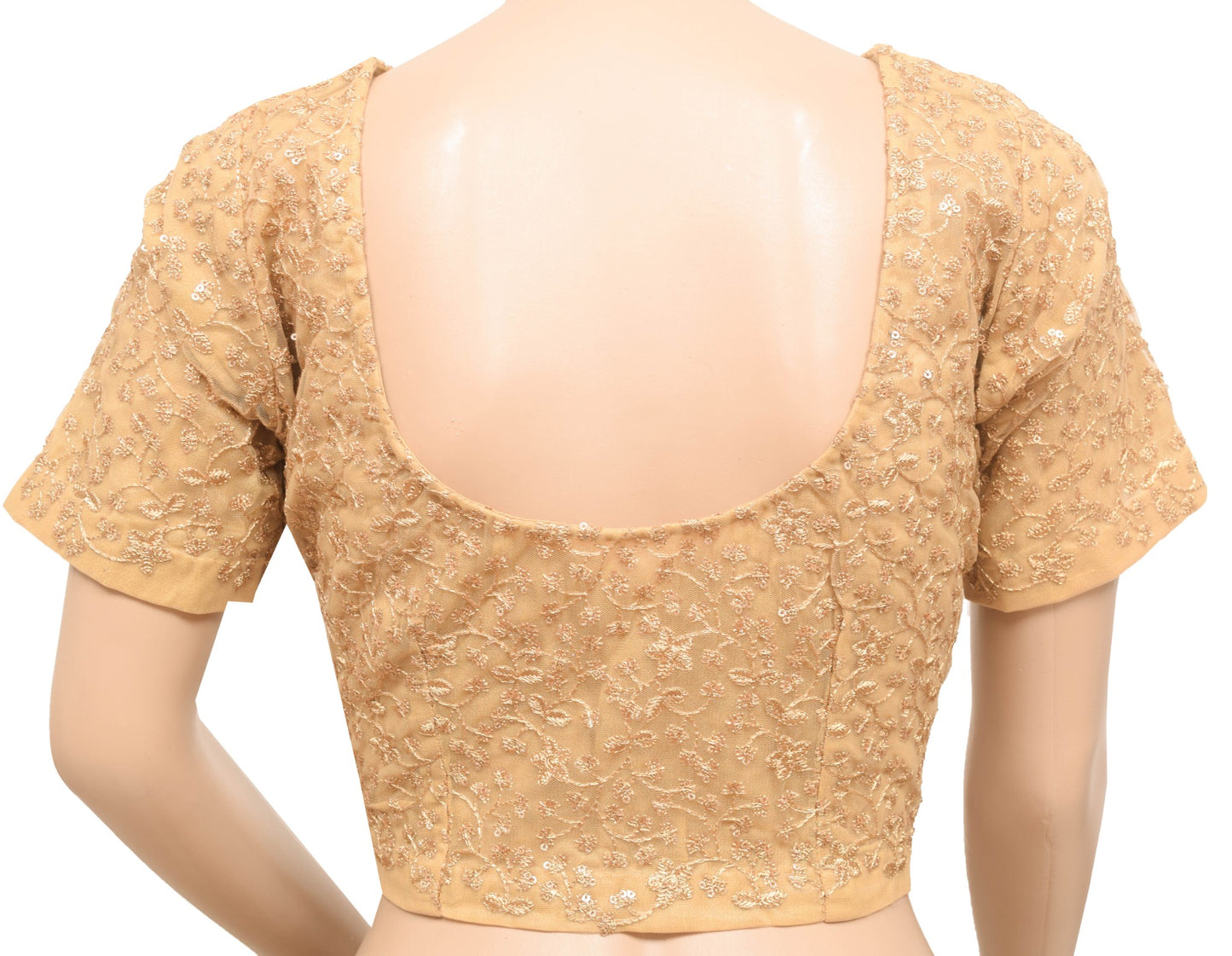 Size 38 Vintage Elbow Sleeve Golden Sari Blouse Net Sequence Zari Embroidery Top