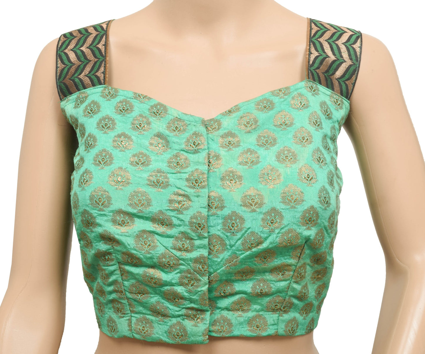 Size 36  Vintage Green Sleeveless Stitched Sari Blouse Woven Designer Silk Top