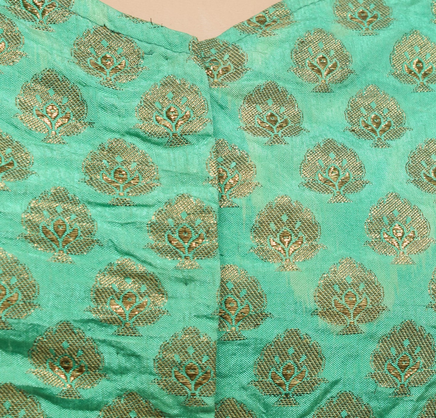Size 36  Vintage Green Sleeveless Stitched Sari Blouse Woven Designer Silk Top
