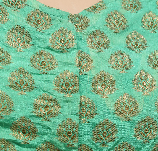 Size 36  Vintage Green Sleeveless Stitched Sari Blouse Woven Designer Silk Top
