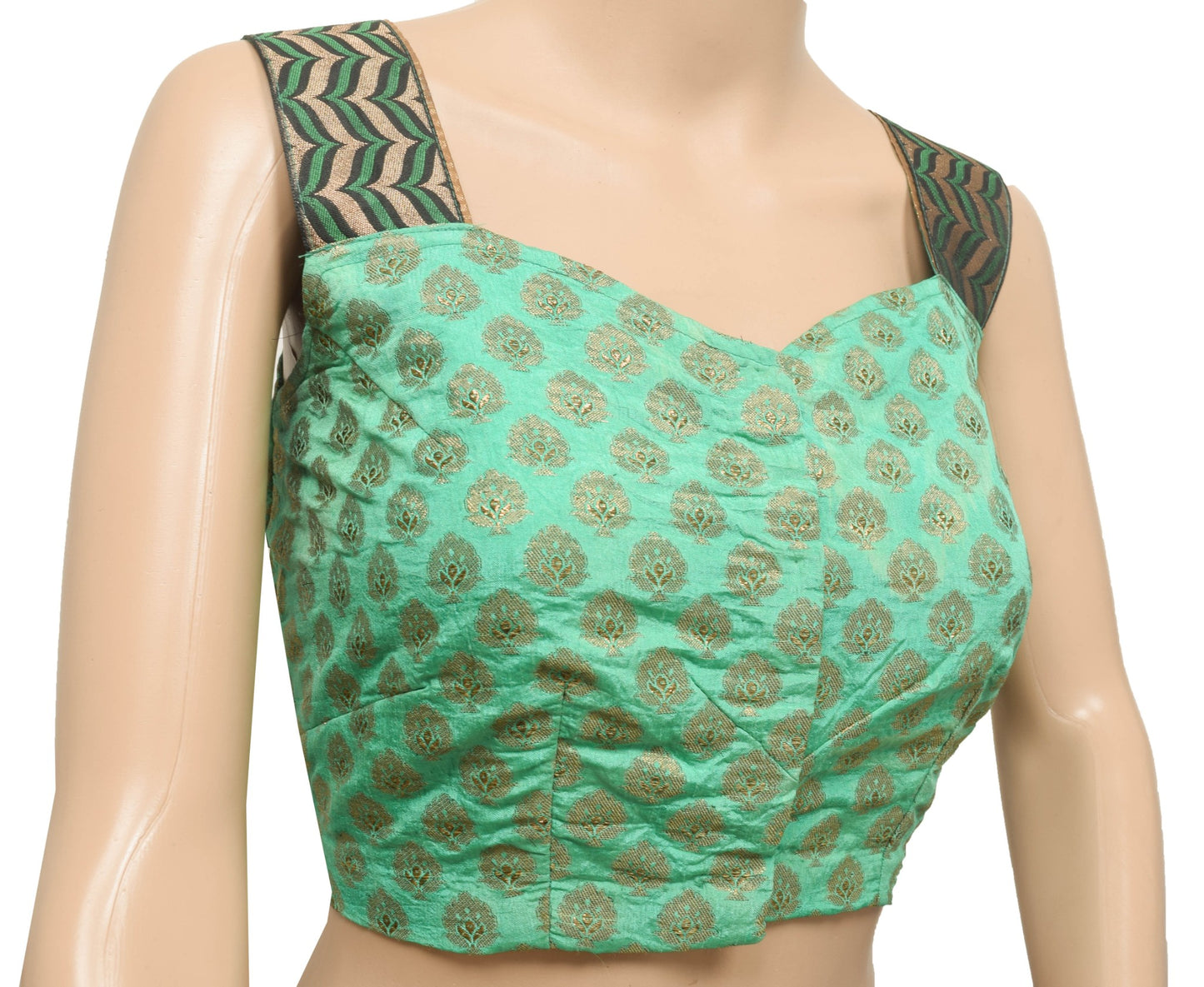 Size 36  Vintage Green Sleeveless Stitched Sari Blouse Woven Designer Silk Top
