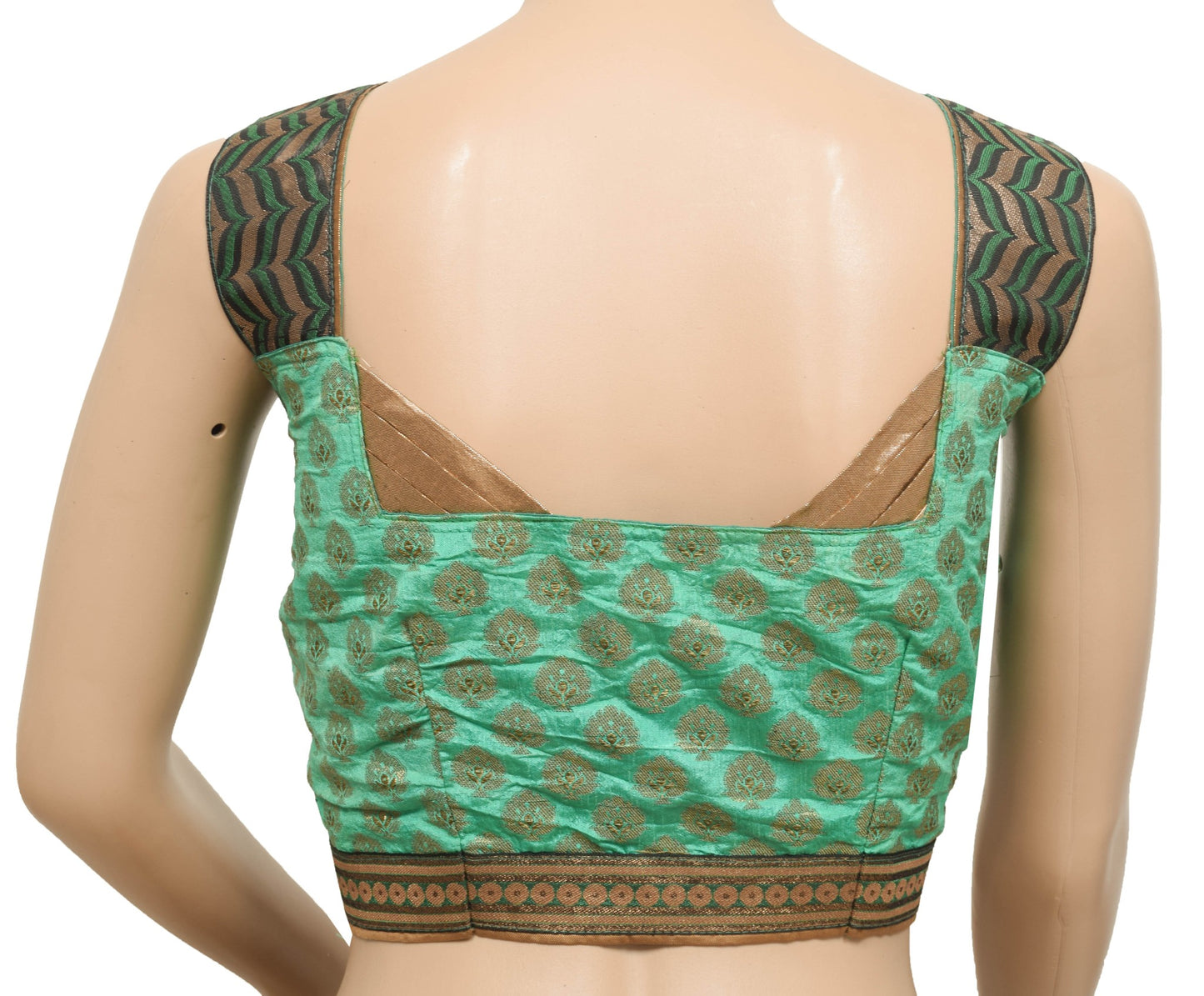 Size 36  Vintage Green Sleeveless Stitched Sari Blouse Woven Designer Silk Top
