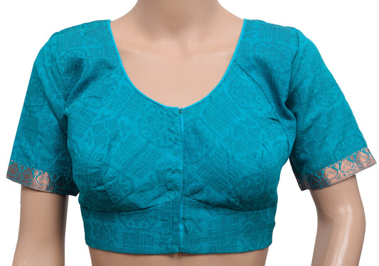 Sushila Vintage Turquoise Stitched Sari Blouse Silk Floral Woven Suze 38 Choli