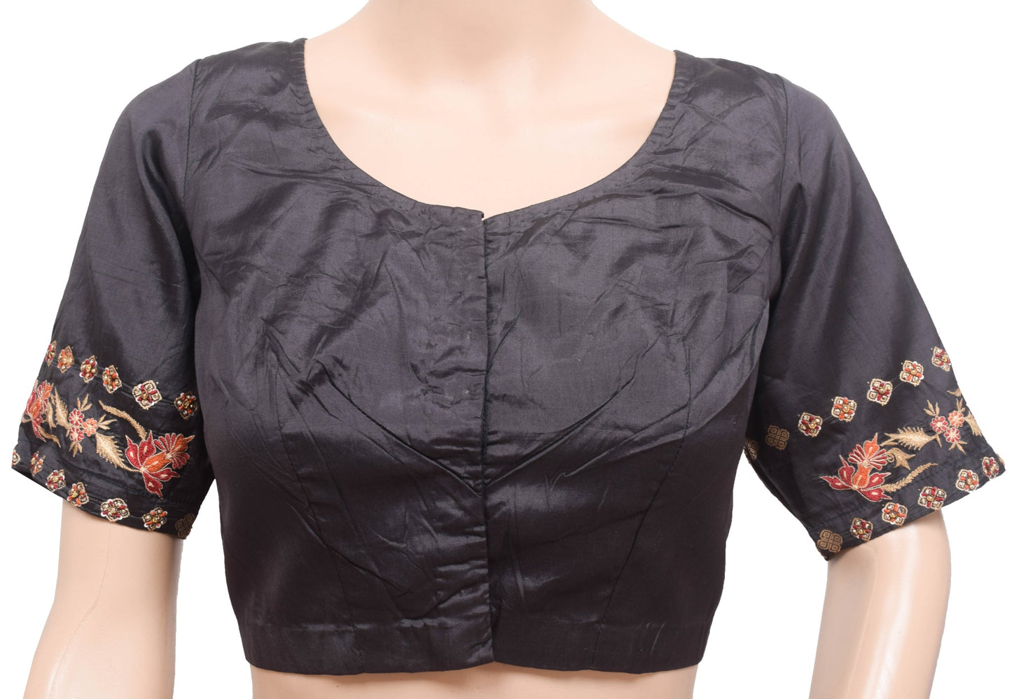 Size 34 Vintage Black Stitched Pure Silk Sari Blouse Embroidered Designer Choli