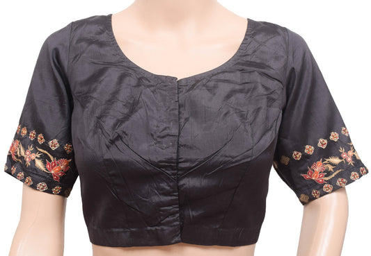 Size 34 Vintage Black Stitched Pure Silk Sari Blouse Embroidered Designer Choli