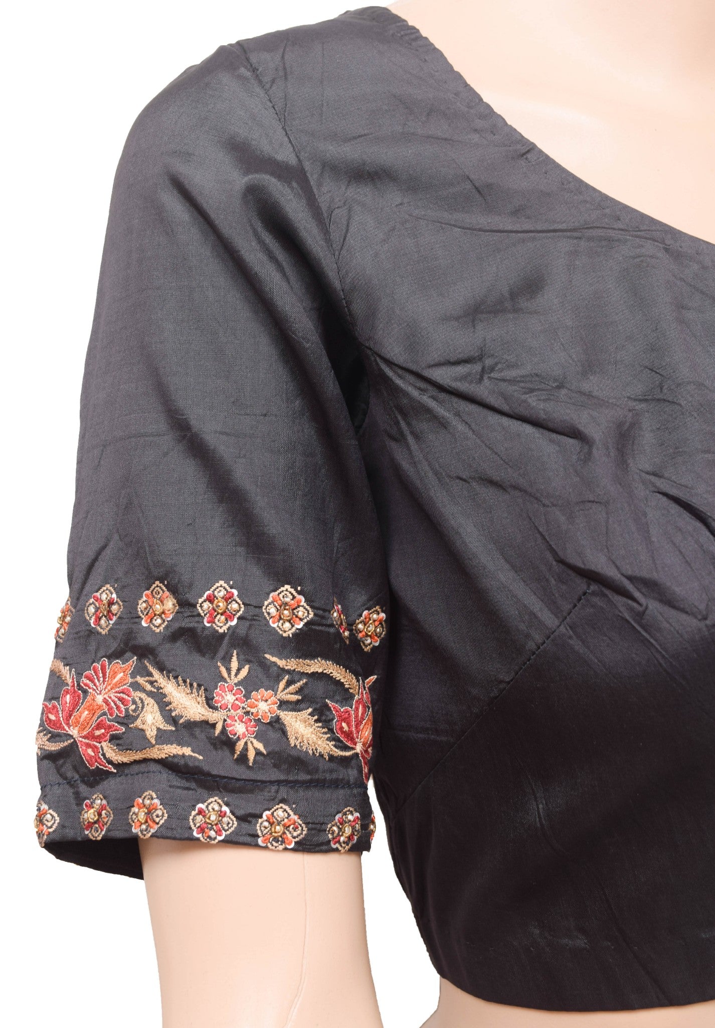 Size 34 Vintage Black Stitched Pure Silk Sari Blouse Embroidered Designer Choli