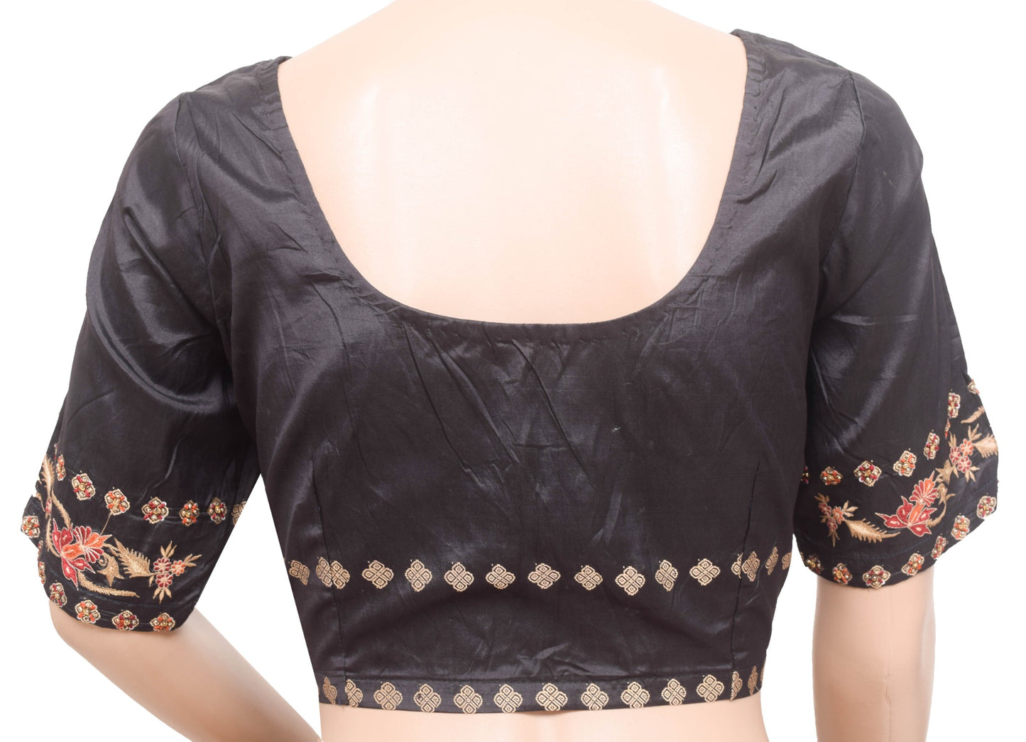 Size 34 Vintage Black Stitched Pure Silk Sari Blouse Embroidered Designer Choli