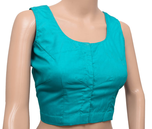 Sushila Vintage Aqua Blue Stitched Sleeveless Sari Blouse Woven Designer Top 38