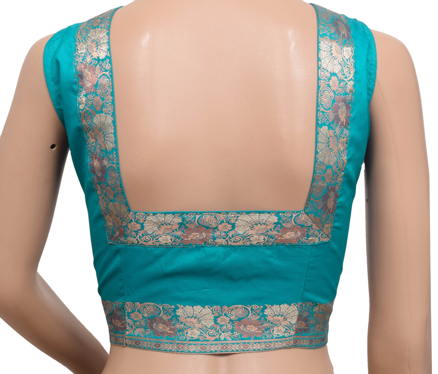 Sushila Vintage Aqua Blue Stitched Sleeveless Sari Blouse Woven Designer Top 38