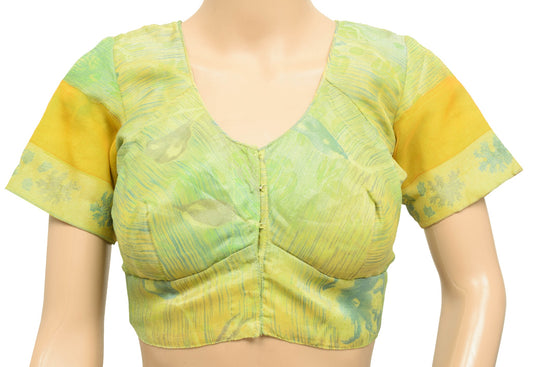 Sushila Vintage Readymade Stitched Sari Blouse Green&Yellow Woven Silk Choli 38