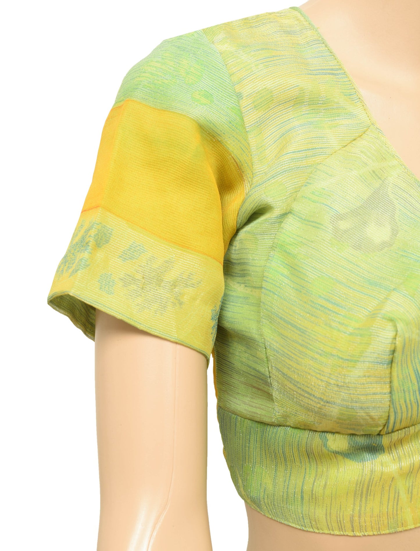 Sushila Vintage Readymade Stitched Sari Blouse Green&Yellow Woven Silk Choli 38