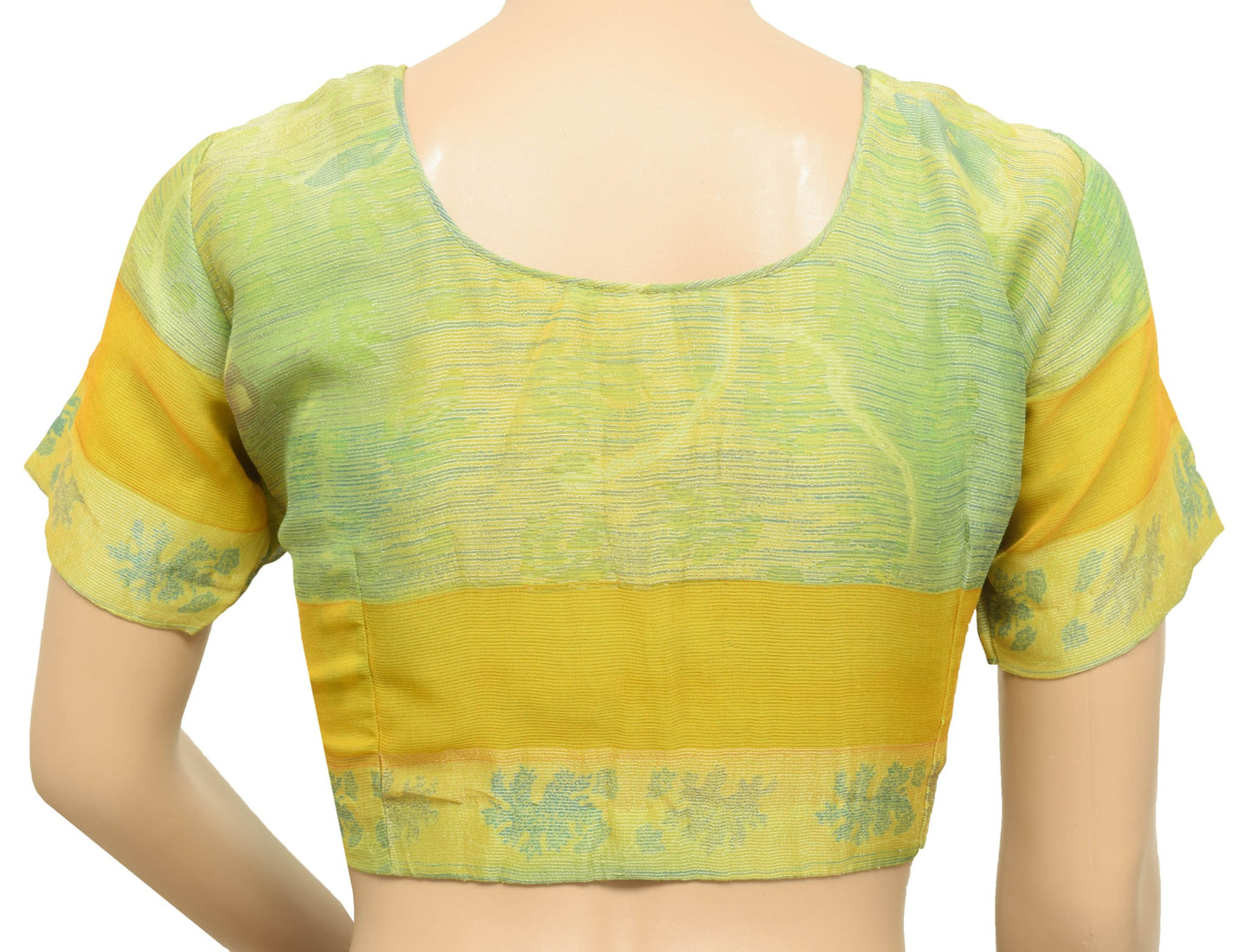 Sushila Vintage Readymade Stitched Sari Blouse Green&Yellow Woven Silk Choli 38