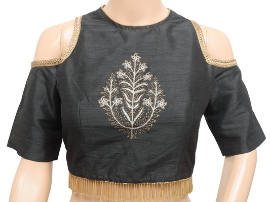 Size 34 Vintage Black Branded Stitched Sari Blouse Cold Shoulder Designer Top