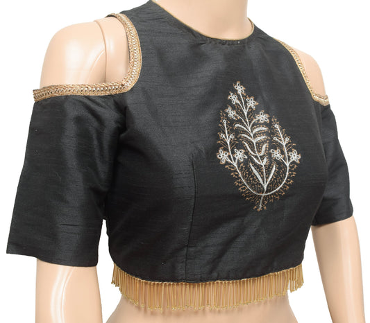 Size 34 Vintage Black Branded Stitched Sari Blouse Cold Shoulder Designer Top