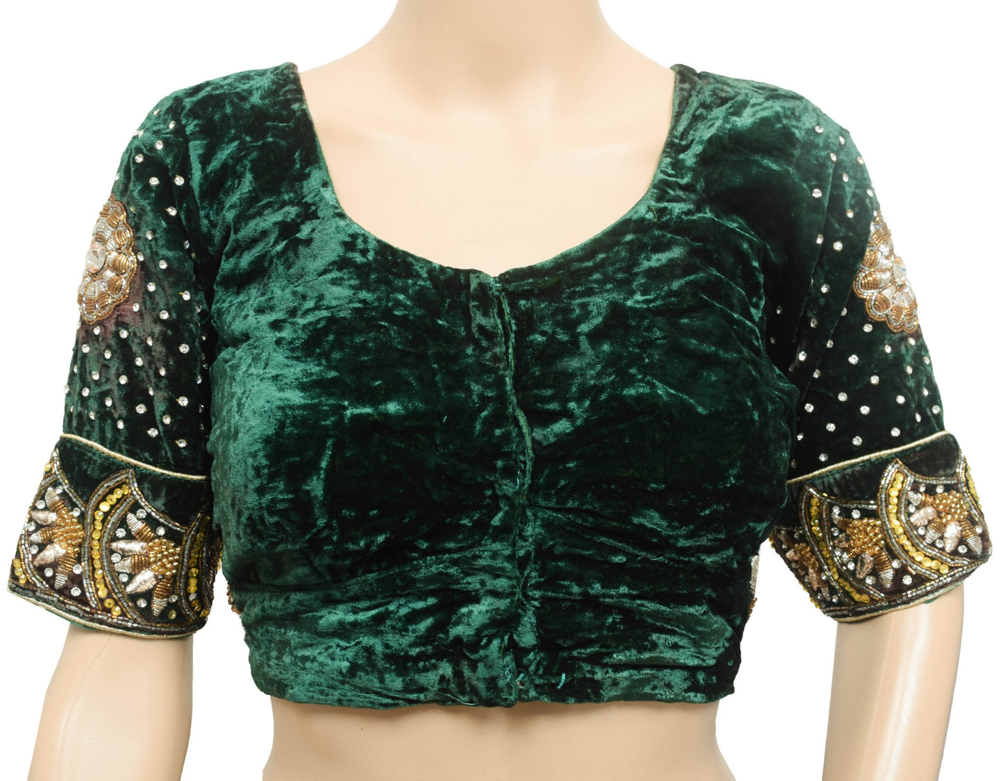 Vintage Readymade Green Velvet Elegance Bridal Blouse Heavy Embroidery Top 34