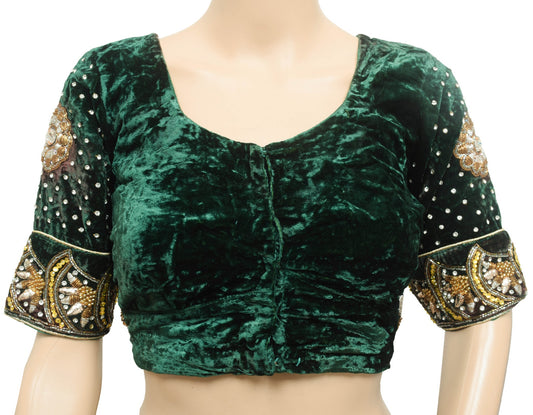 Vintage Readymade Green Velvet Elegance Bridal Blouse Heavy Embroidery Top 34