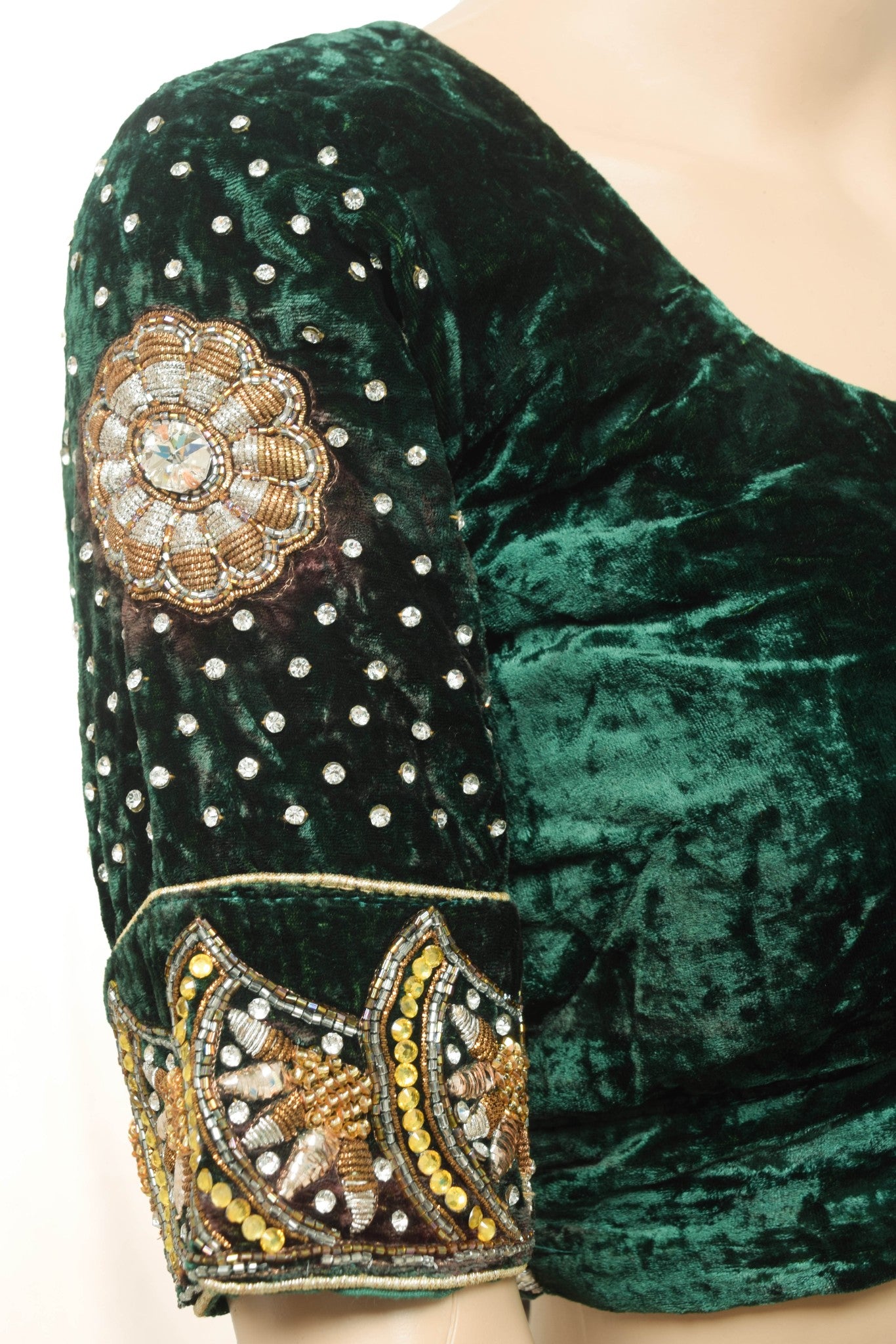 Vintage Readymade Green Velvet Elegance Bridal Blouse Heavy Embroidery Top 34