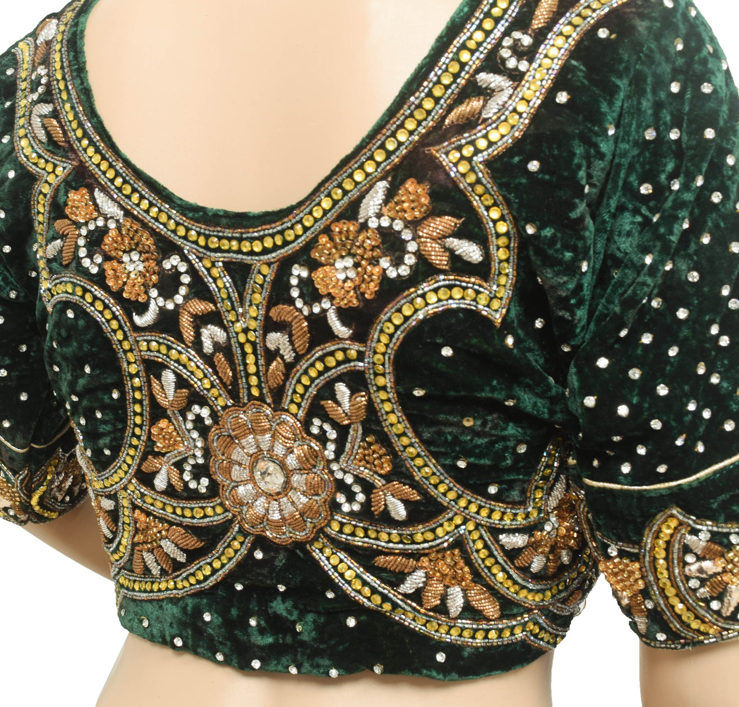 Vintage Readymade Green Velvet Elegance Bridal Blouse Heavy Embroidery Top 34