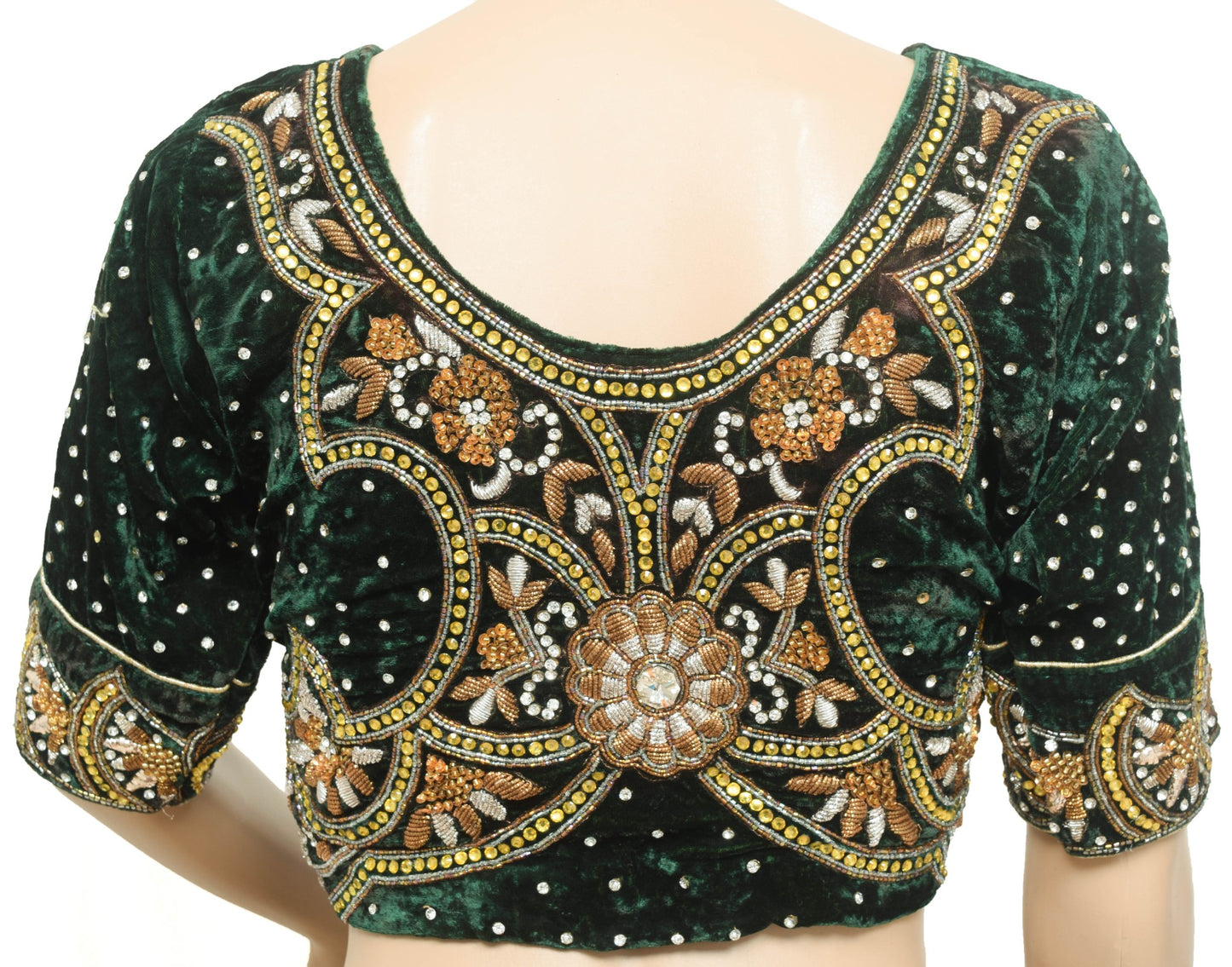 Vintage Readymade Green Velvet Elegance Bridal Blouse Heavy Embroidery Top 34