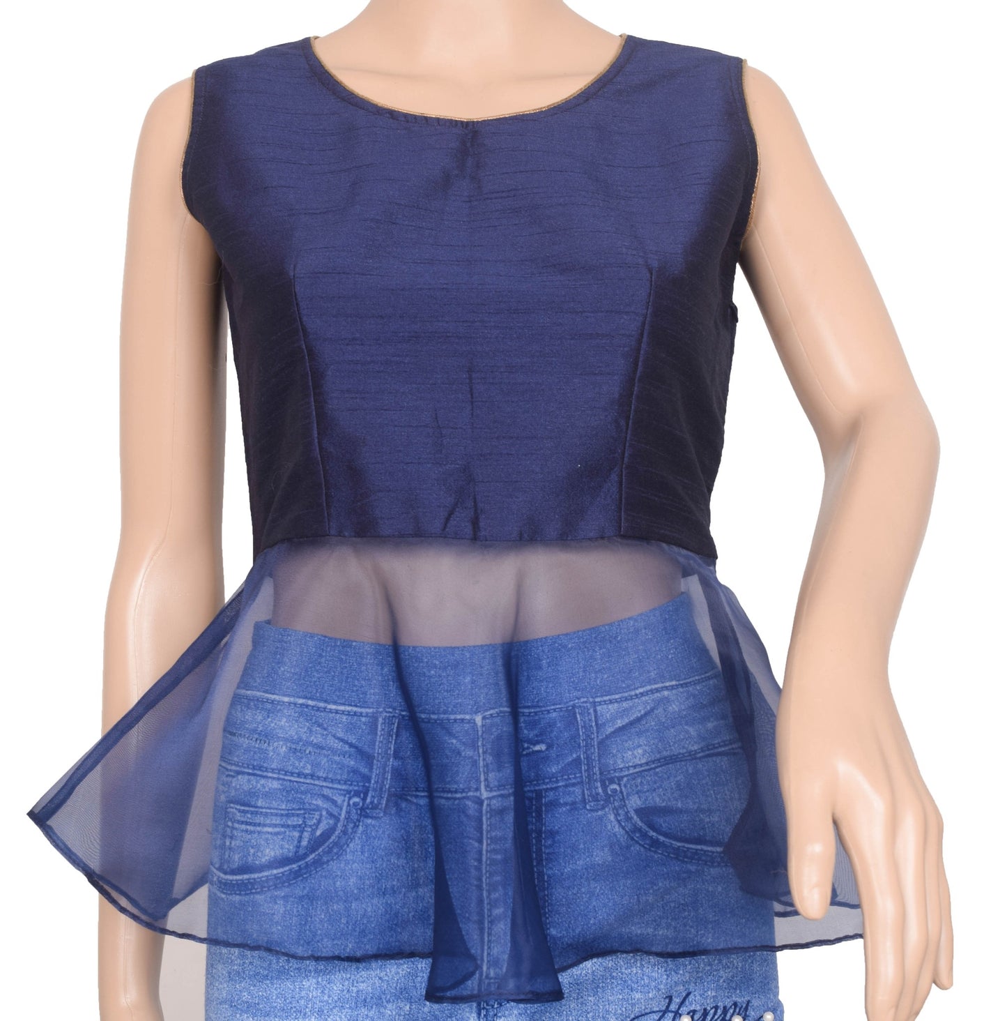 Sushila Vintage Dark Blue Stitched Readymade Sleeveless Peplum Top Women Size 34