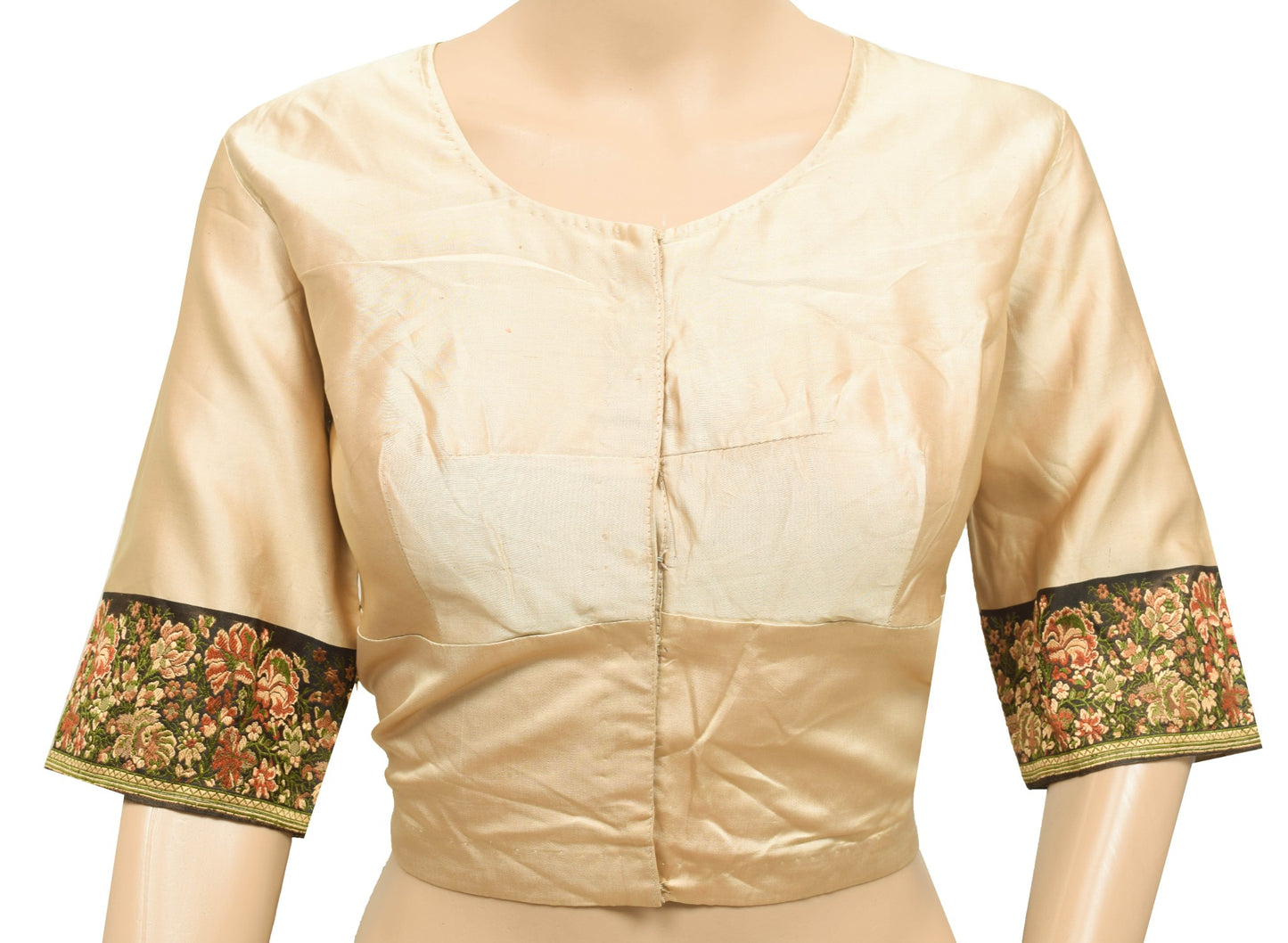 Sushila Vintage Readymade Brown Satin Silk Banarasi Sari Woven Blouse Size 40