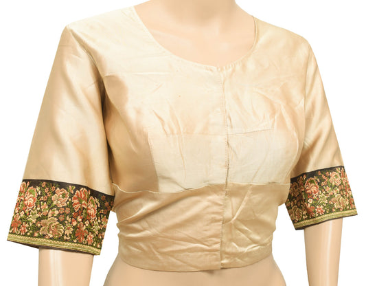 Sushila Vintage Readymade Brown Satin Silk Banarasi Sari Woven Blouse Size 40