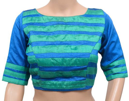 Size 34 Vintage Readymade Stitched Silk Sari Blouse Blue Patch Work Designer Top