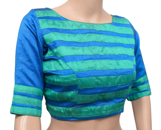 Size 34 Vintage Readymade Stitched Silk Sari Blouse Blue Patch Work Designer Top