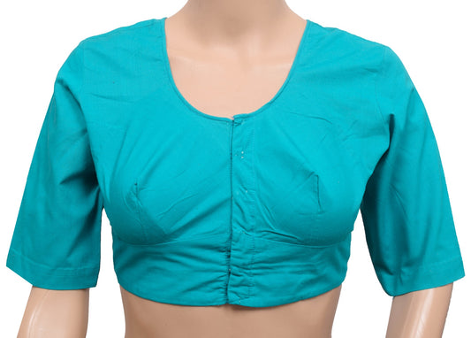 Size 36 Vintage Readymade Stitched Sari Blouse Turquoise Blue Cotton Plain Choli
