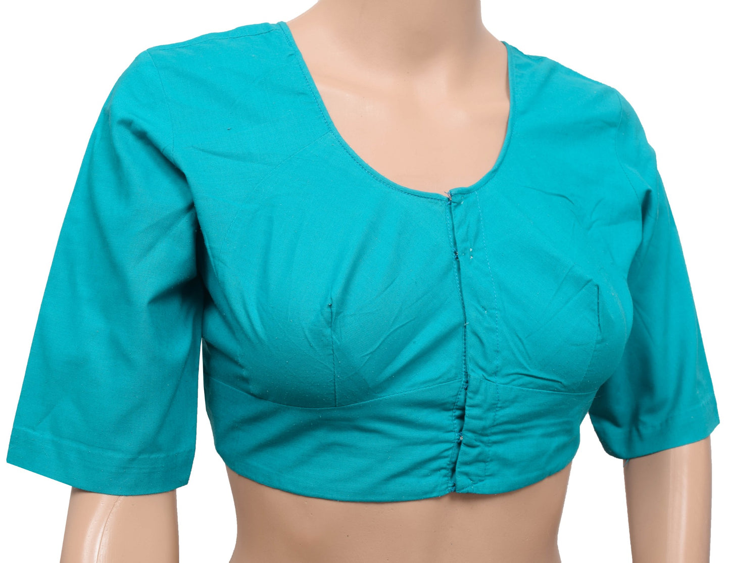 Size 36 Vintage Readymade Stitched Sari Blouse Turquoise Blue Cotton Plain Choli