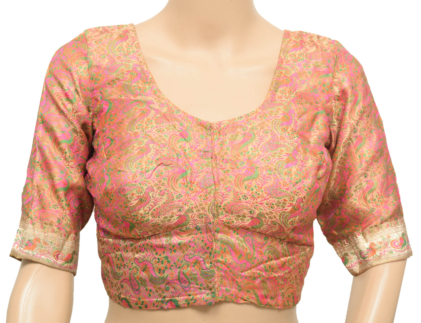 Size 32 Vintage Readymade Banarasi Sari Blouse Pure Satin Silk Birds Woven Choli
