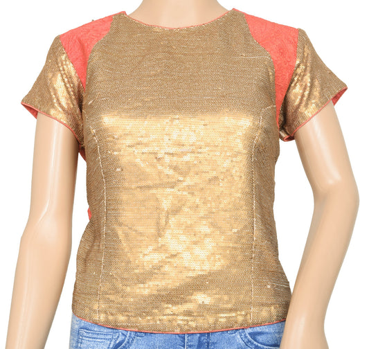 Vintage Peach Golden Stitched Silk Sari Blouse Sequins Work Designer Top Size 38