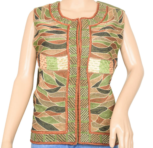 Size 44 Vintage Readymade Sari Cotton Silk Green Koti Designer Embroidered Top