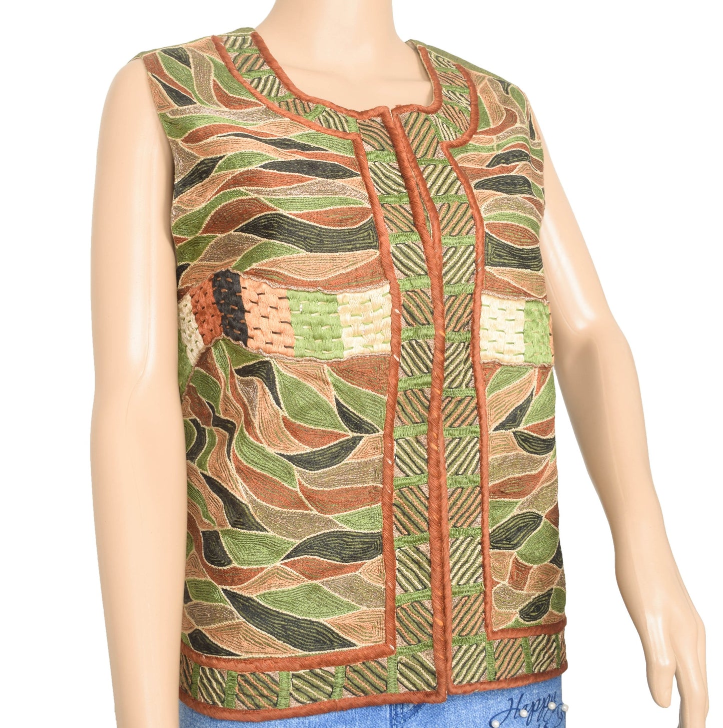 Size 44 Vintage Readymade Sari Cotton Silk Green Koti Designer Embroidered Top