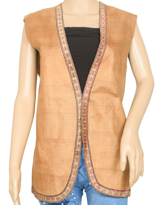 Vintage Readymade Sari Koti Pure Silk Brown Patch Work Font Open jacket Size 42