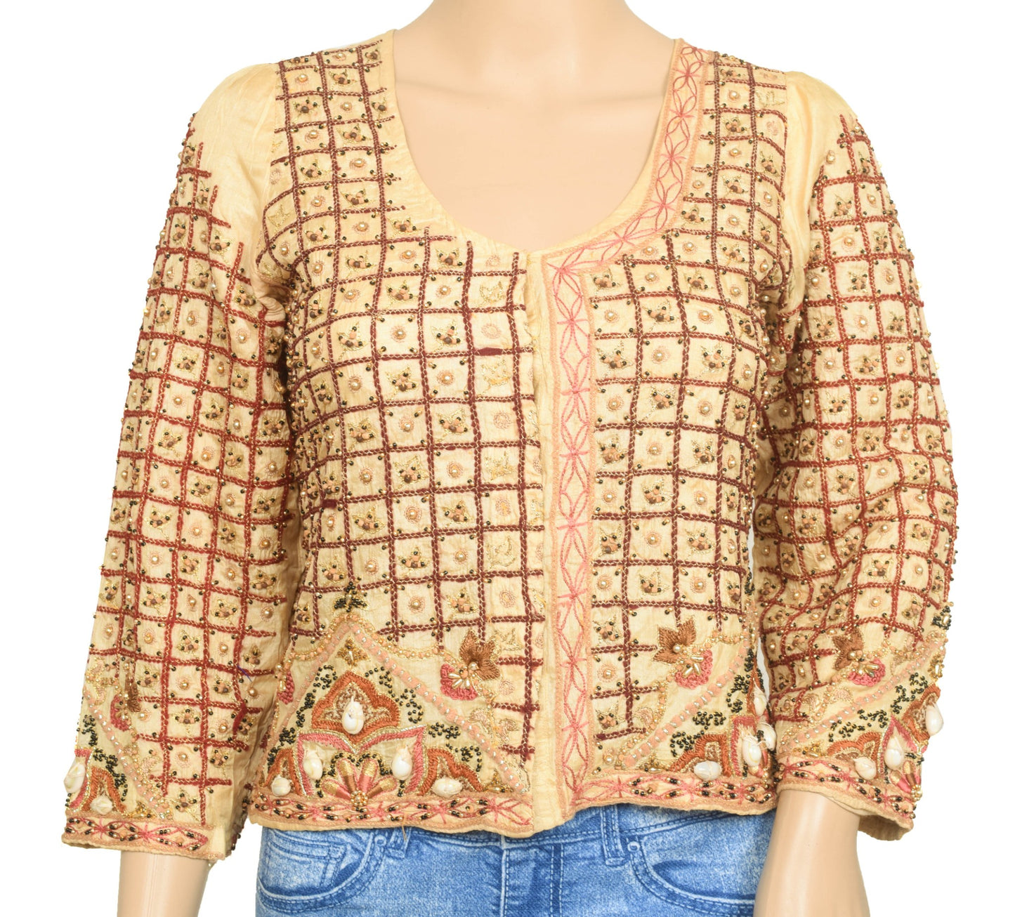 Vintage Silk Blouse Embroidered Beaded Cowrie Shell Saree Maggam Jacket Size 38