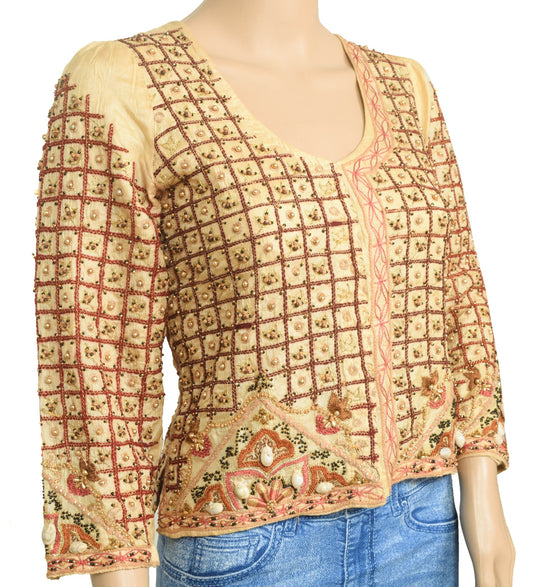Vintage Silk Blouse Embroidered Beaded Cowrie Shell Saree Maggam Jacket Size 38