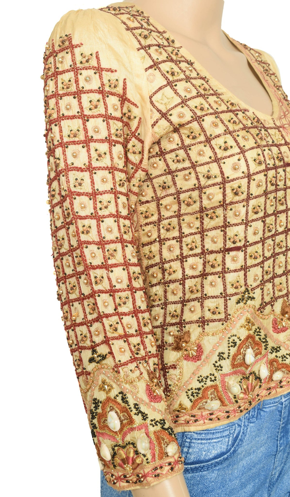 Vintage Silk Blouse Embroidered Beaded Cowrie Shell Saree Maggam Jacket Size 38