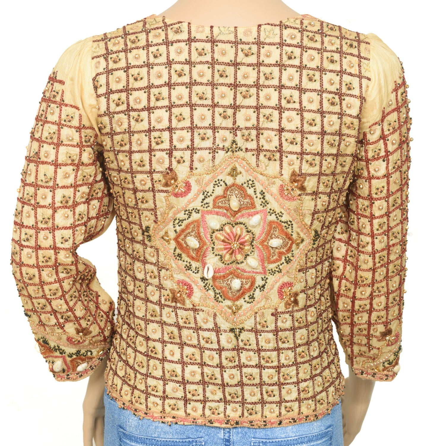 Vintage Silk Blouse Embroidered Beaded Cowrie Shell Saree Maggam Jacket Size 38