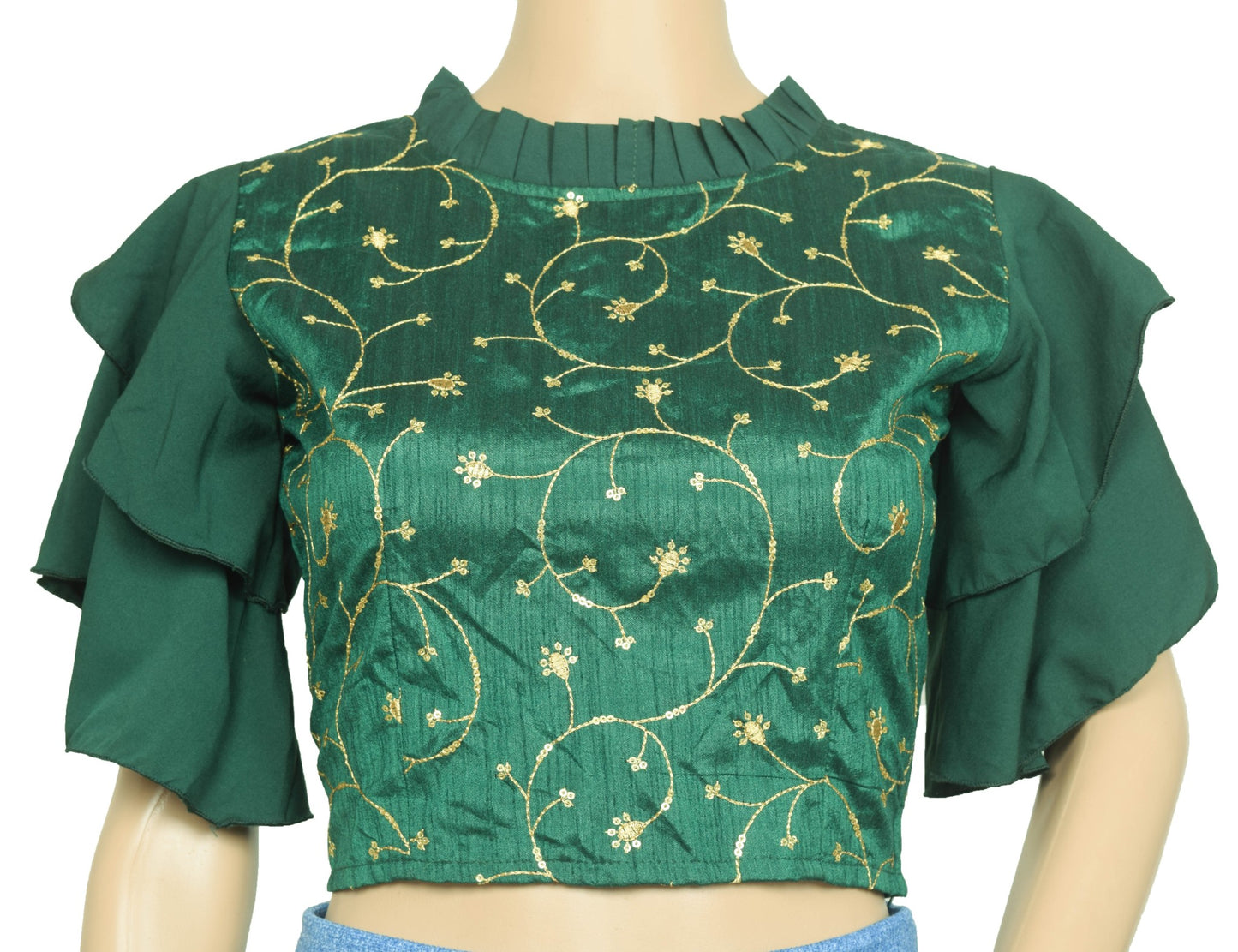 Vintage Green Sari Blouse Casual Layer Sleeve Embroidered Branded Crop Top 34
