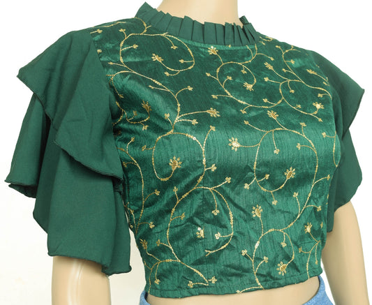 Vintage Green Sari Blouse Casual Layer Sleeve Embroidered Branded Crop Top 34