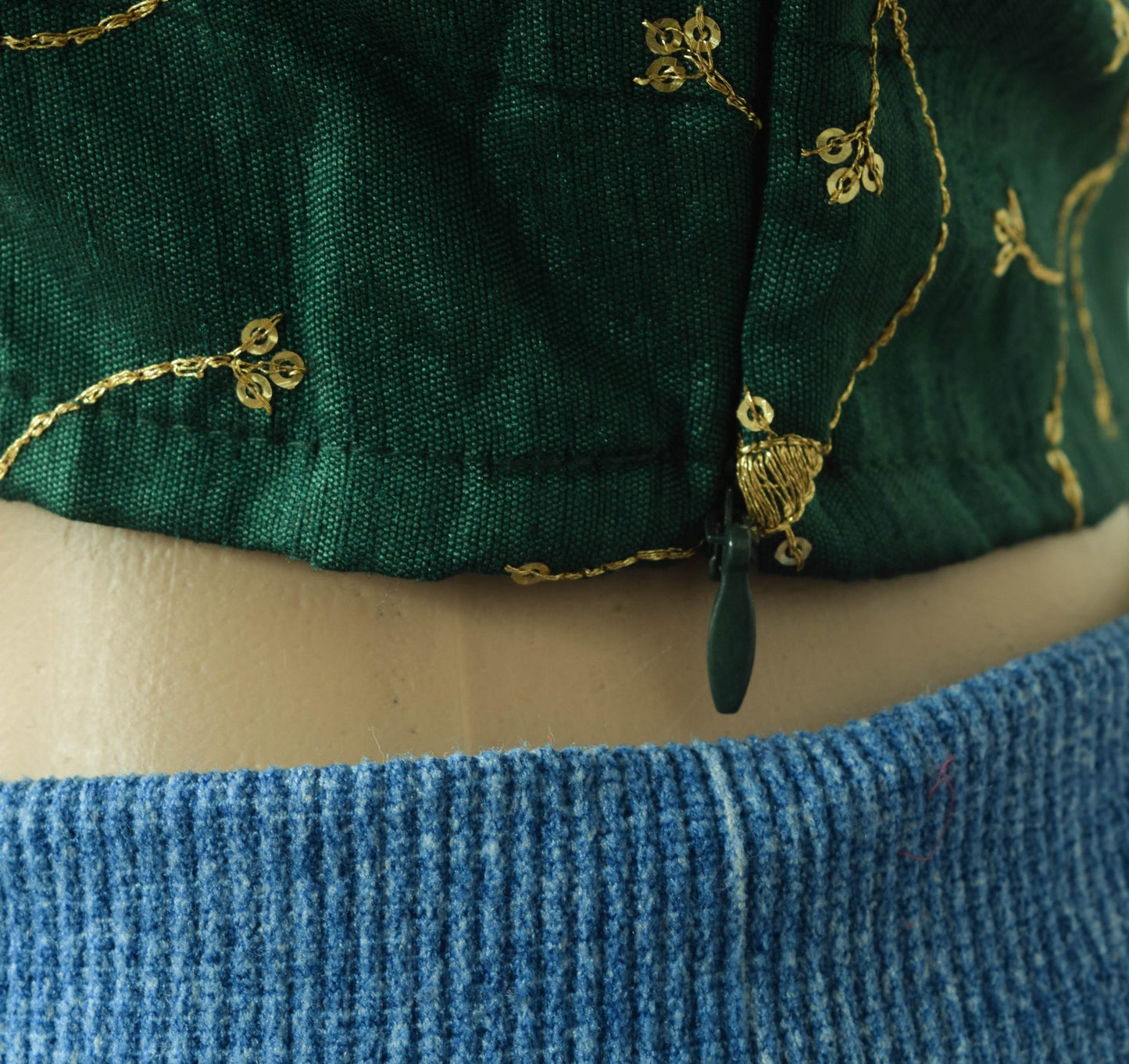 Vintage Green Sari Blouse Casual Layer Sleeve Embroidered Branded Crop Top 34