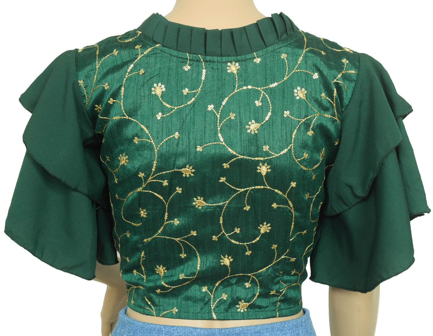 Vintage Green Sari Blouse Casual Layer Sleeve Embroidered Branded Crop Top 34
