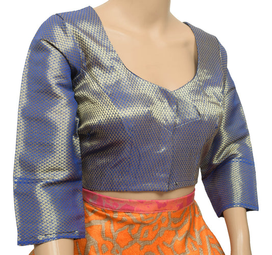 Vintage Readymade Women Sari Blouse Zari Brocade Silk Front Open Blue Choli 38