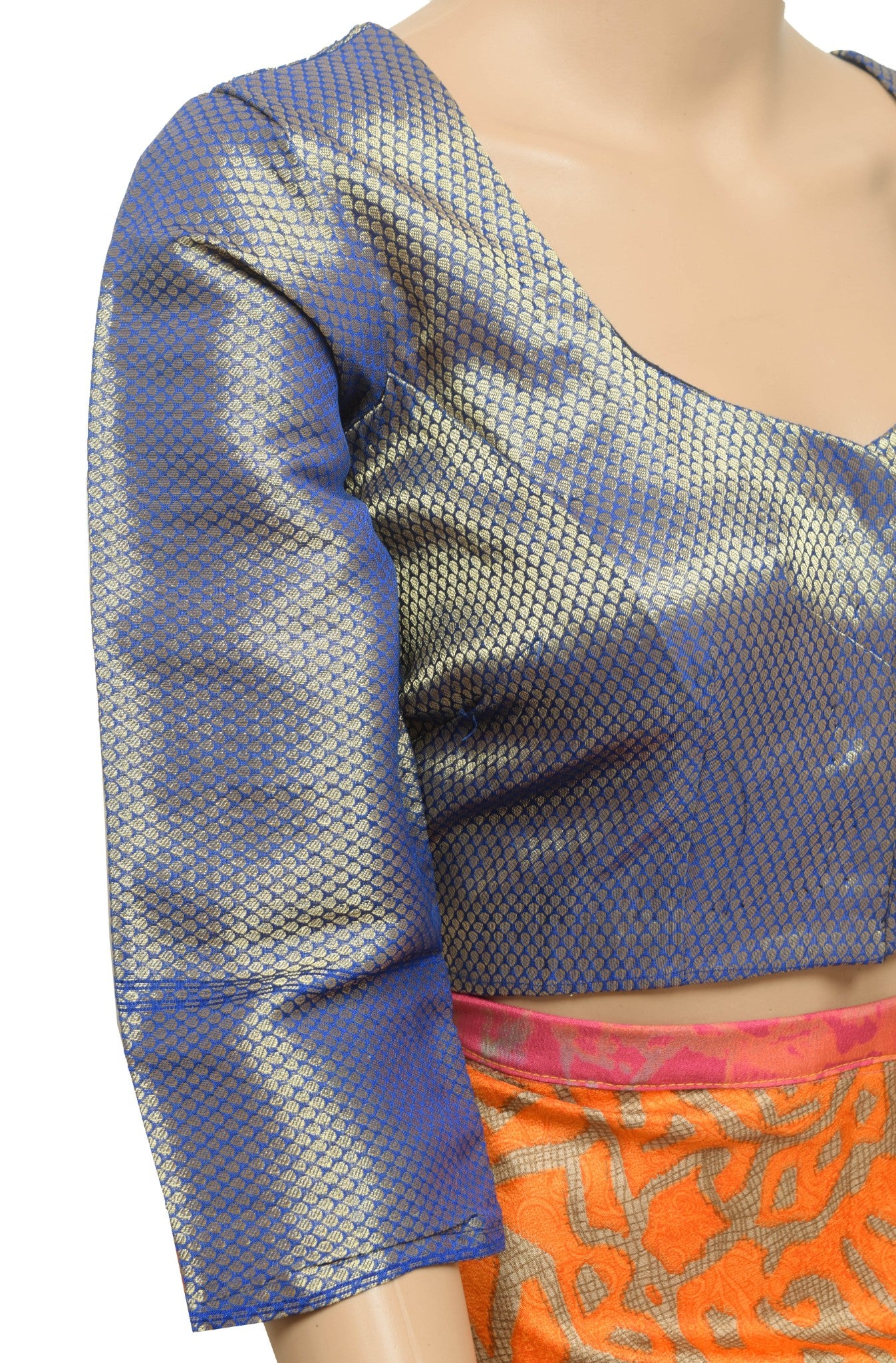 Vintage Readymade Women Sari Blouse Zari Brocade Silk Front Open Blue Choli 38