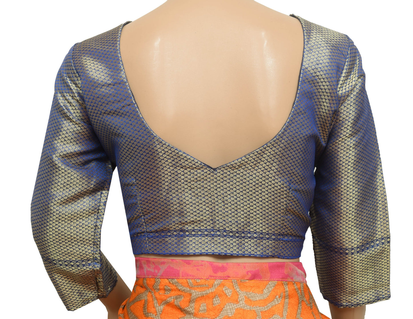 Vintage Readymade Women Sari Blouse Zari Brocade Silk Front Open Blue Choli 38