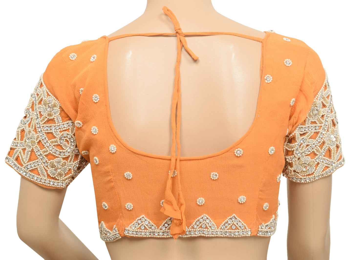 Sushila Vintage Orange Chiffon Stitched Sari Blouse Cut Work Embroidery Choli 28