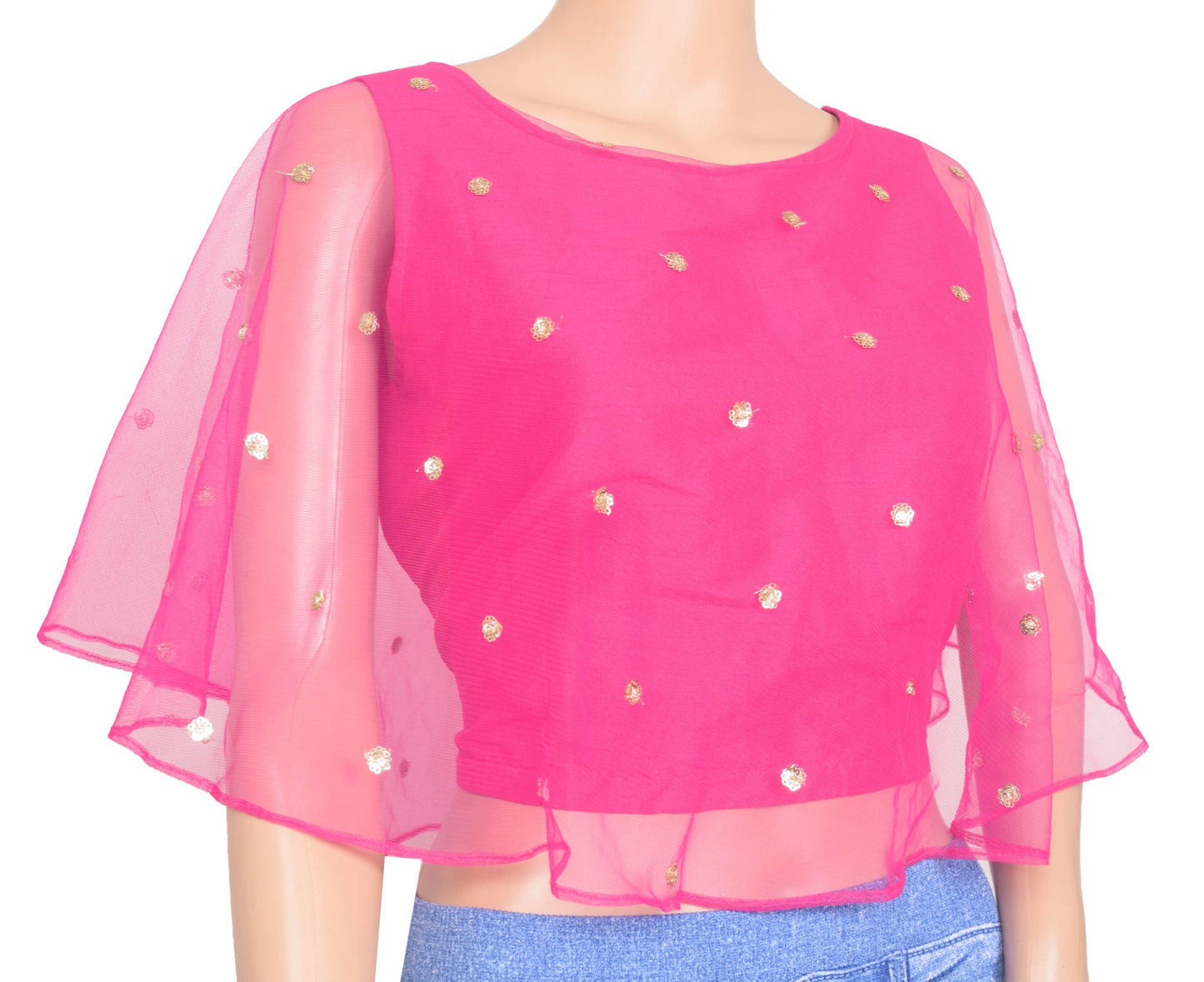 Branded Readymade Pink Sequins Beaded Net Women New Crop Cape Sleeve Top Size 36