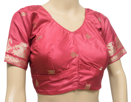 Size 36 Vintage Readymade Stitched Sari Blouse Silk Human Zari Woven Maroon Top