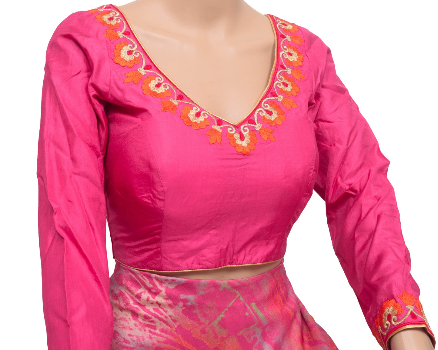 Size 30 Vintage Pure Silk Stitched Padded Sari Blouse Pink Embroidered VNeck Top